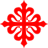 Fleur-de-lis stylised as 'M' on the Scarlet Cross of Calatrava