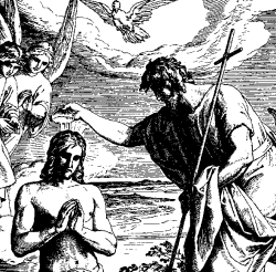 John baptizes Jesus, using a scallop shell